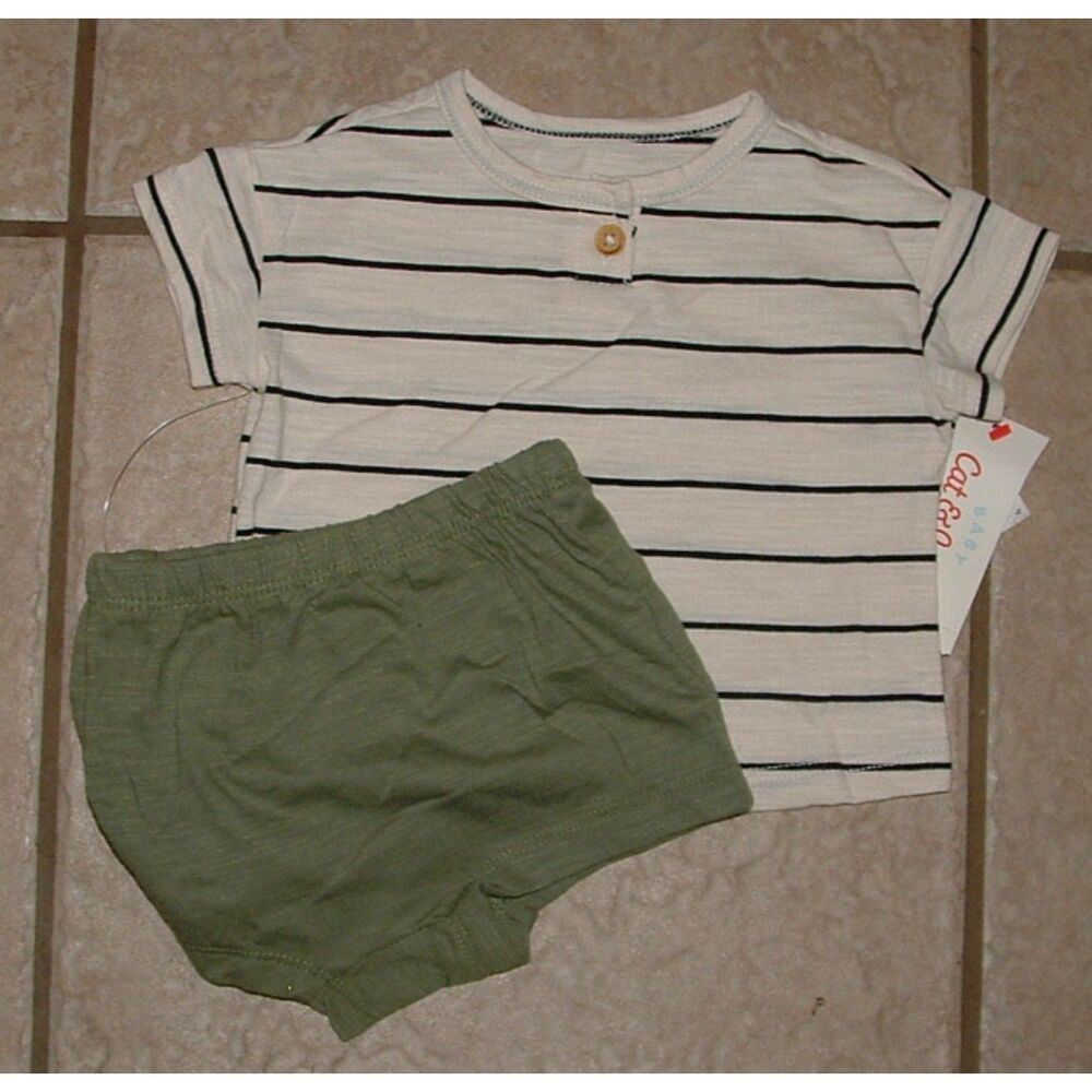 NEW NWT Boys Sz 0-3 Months Pull On Shorts & Tee Shirt 2 Pc Outfit CAT & JACK